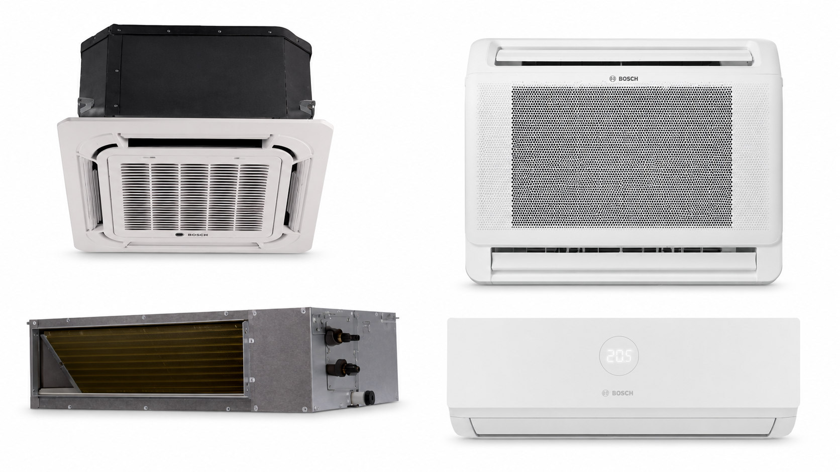 Compatible con diferentes unidades interiores Bosch La gama Bosch Climate 5000 M permite combinar la unidad exterior con diferentes tipos de unidades interiores compatibles, incluyendo modelos de pared, conducto, cassette y consola, según la configuración disponible.  Esta versatilidad permite adaptar la instalación a viviendas, oficinas, locales o proyectos donde se necesita una solución estética, funcional y flexible. Además, las unidades mono split compatibles también pueden integrarse dentro de la gama Multi Split, lo que amplía las posibilidades de configuración.